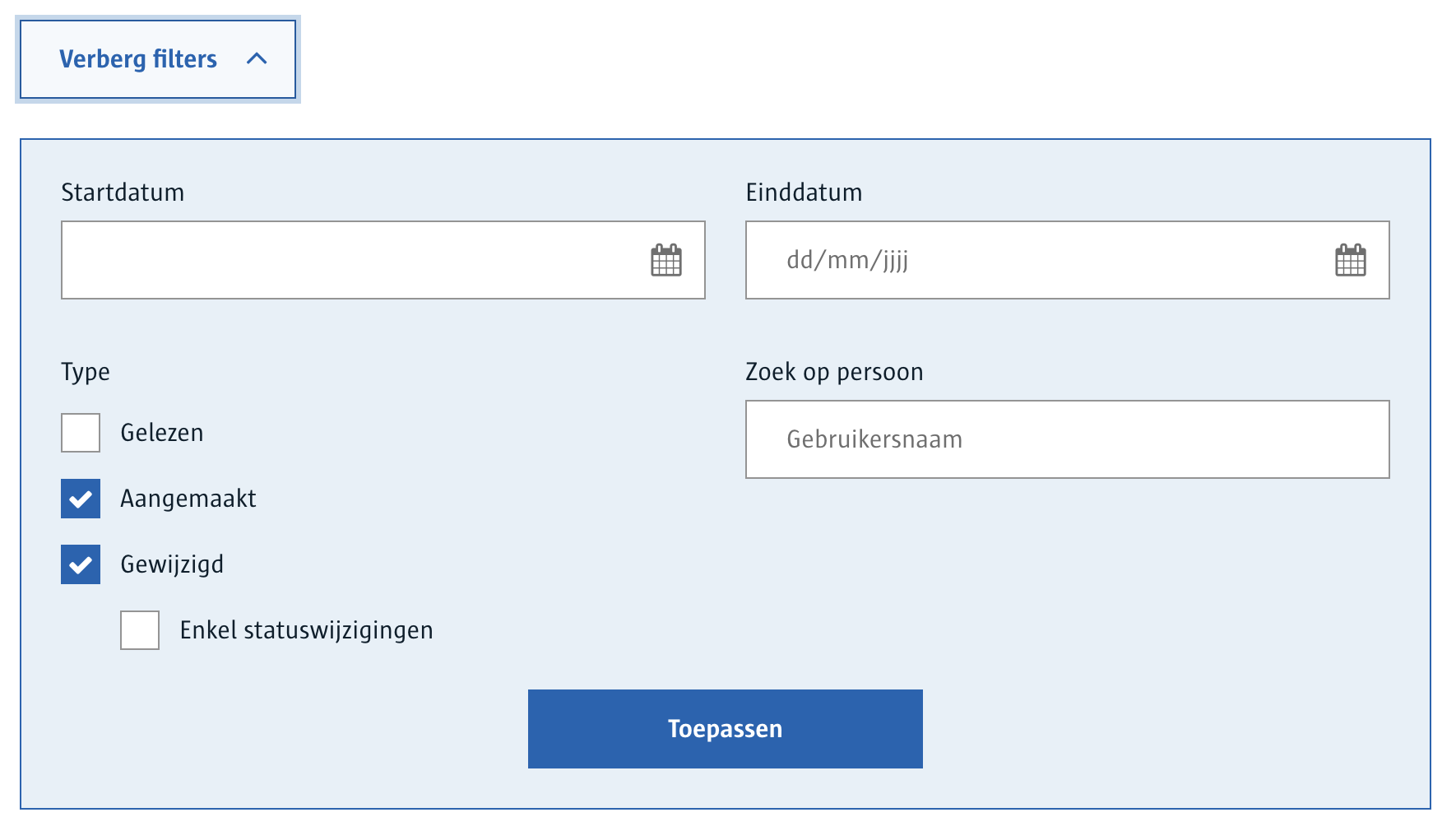 Dossierhistoriek filterpaneel